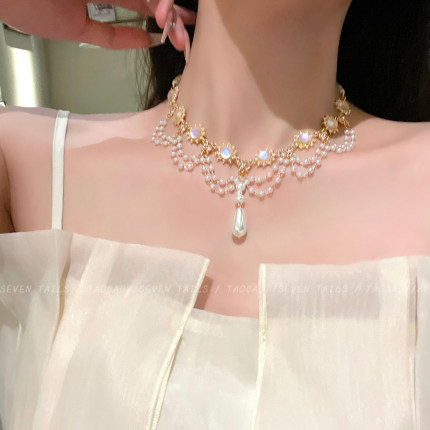 法式白月光珍珠流苏项链女复古重工设计感多层锁骨链轻奢小众颈链
