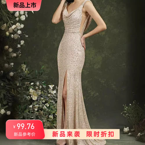 Sexy Party Evening Dress歐美性感吊带开叉伴娘礼服晚礼服拖尾