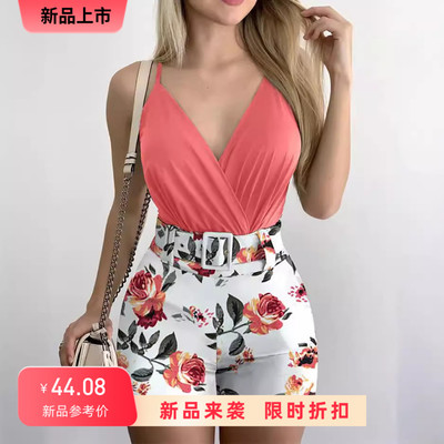 Women Two Piece Sets 性感V领吊带背心和植物印花短裤套装带腰带