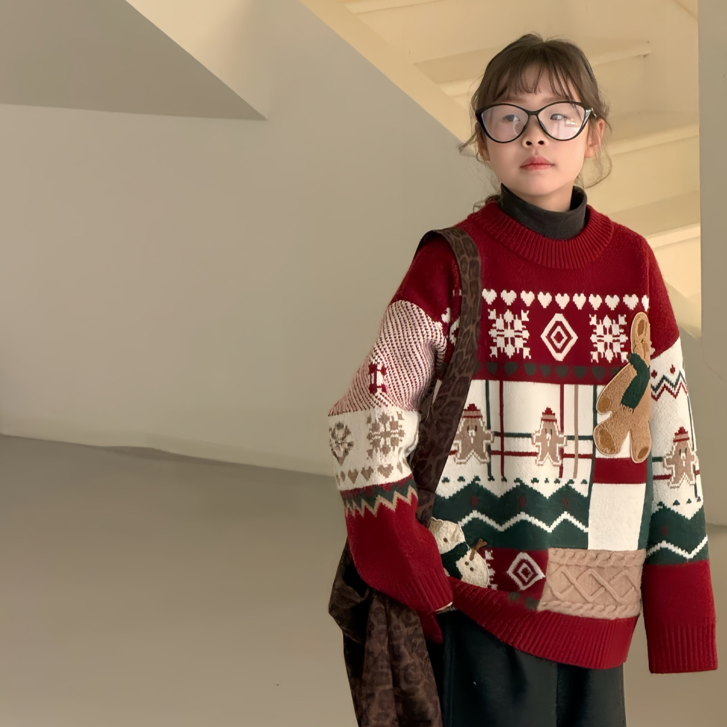 儿童圣诞毛衣冬装170码中大儿童加厚针织衫男女童红色新年毛线衣