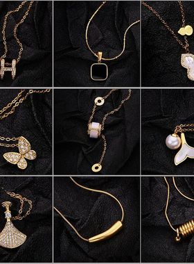 钛钢气质小茄子锁骨链鱼尾贝母方形弹簧项链轻奢猫眼石小蛮腰项链