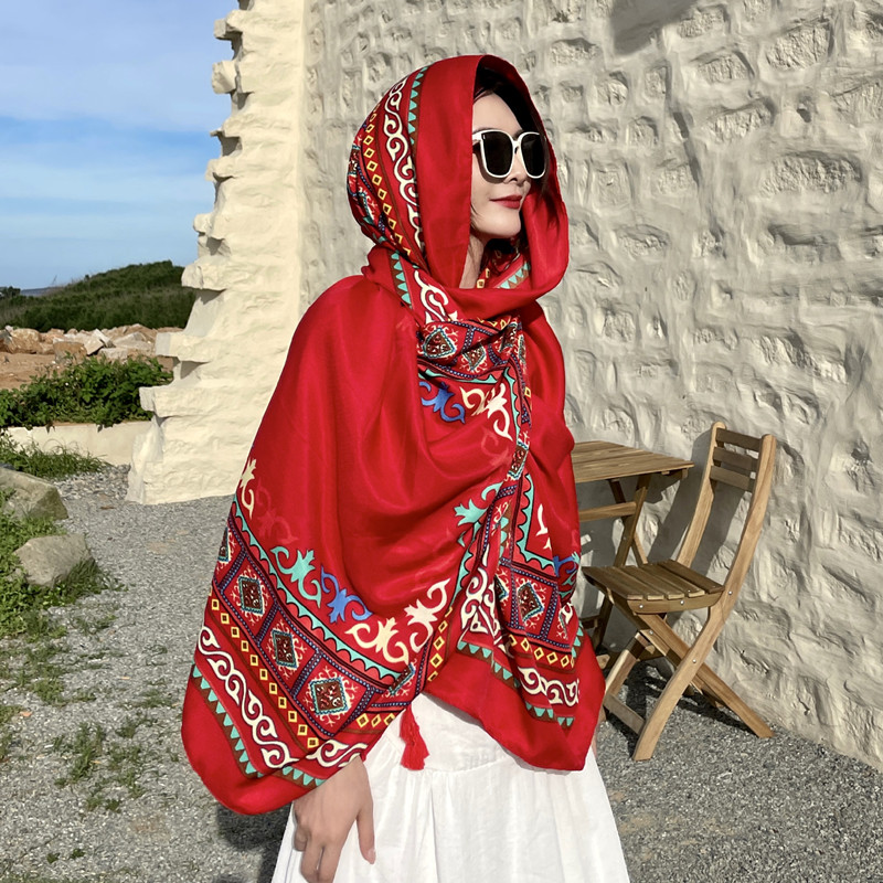 棉麻围巾冬季新款2024民族风围巾高端百搭丝巾网红旅游超大沙滩巾