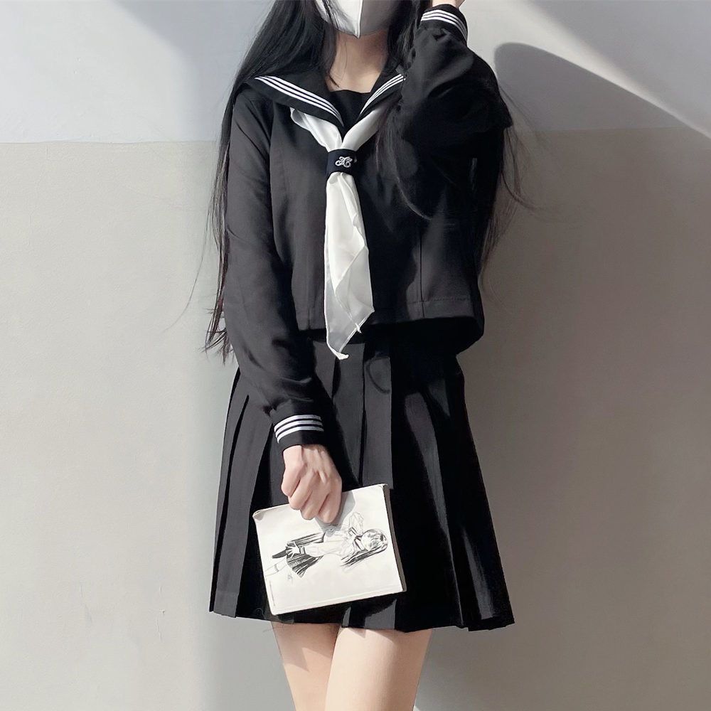 黑三本长短袖水手服大码JK制服时尚套装