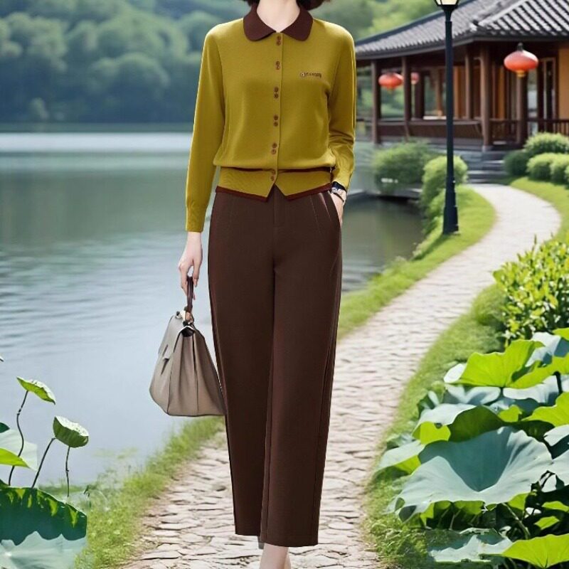 2026秋季新款高级感撞色翻领针织衫+气质百搭休闲裤子女装两件套