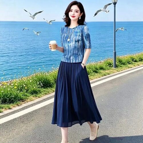 素雅订制女装原创品牌2026夏季洋气唯美印花上衣松紧腰半身裙套装