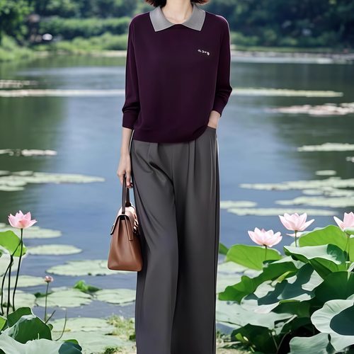 素雅订制女装原创品牌秋季新款假两件翻领针织衫松紧腰直筒裤套装