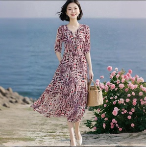 素雅订制女装原创品牌夏季新款时尚气质印花系带收腰法式连衣裙女