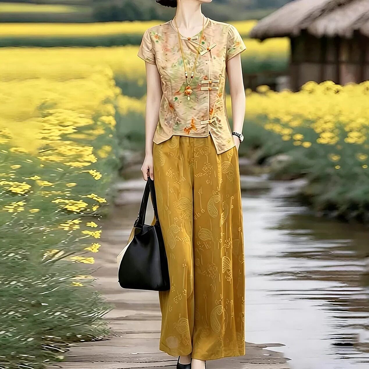 素雅订制女装原创品牌2026夏季新款新中式国风印花上衣百搭裤套装