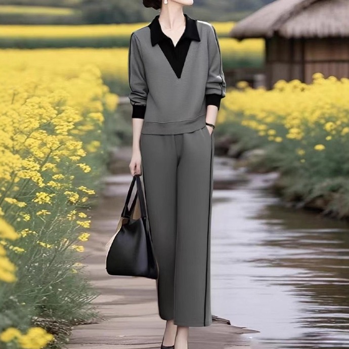 素雅订制女装原创品牌秋冬新款高级感假两件卫衣阔腿裤运动两件套