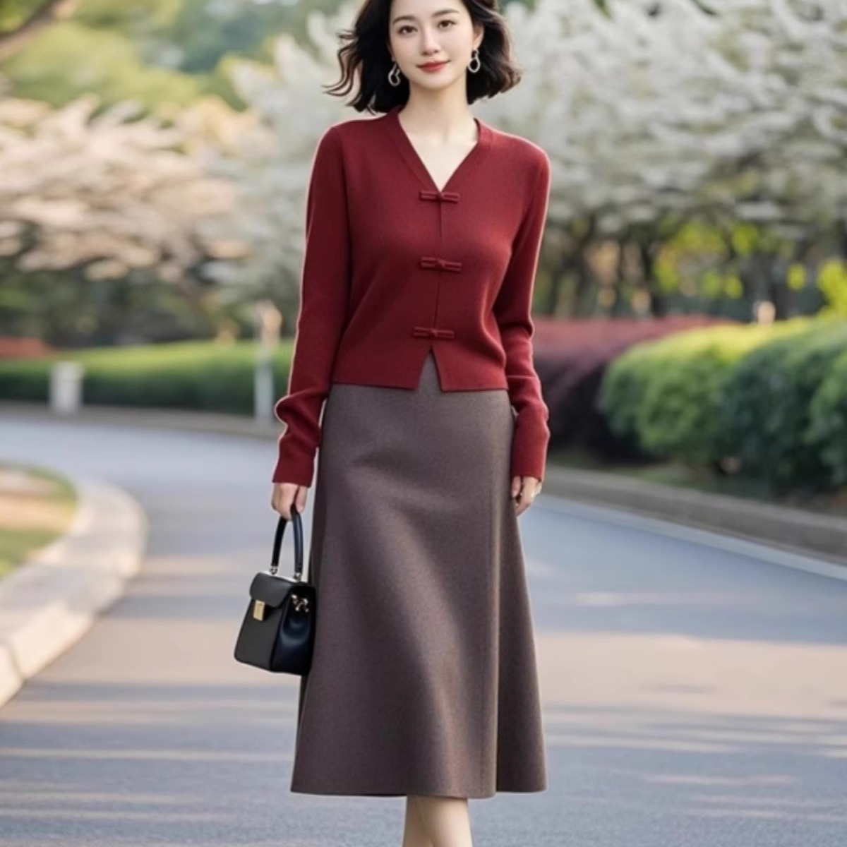 素雅订制原创品牌女装旗舰店2025新中式V领针织衫+半身裙两件套装