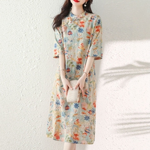 轻奢素女装国风高端原创苎麻连衣裙复古民族风中长款改良旗袍裙子