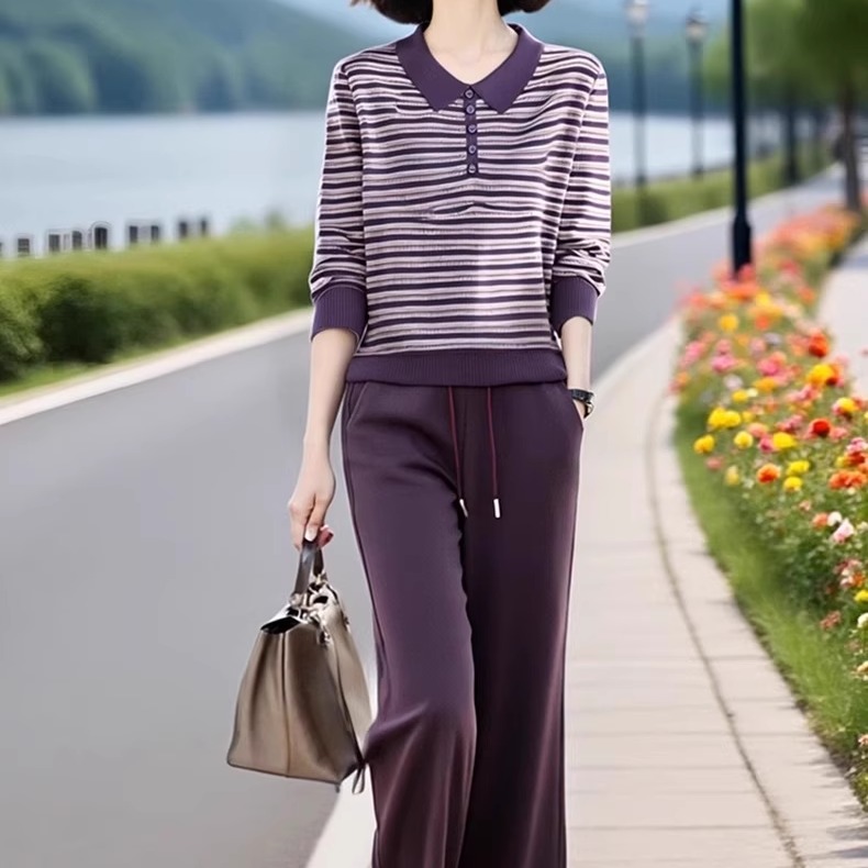 素雅订制女装原创品牌新款翻领条纹针织衫上衣松紧腰直筒裤两件套