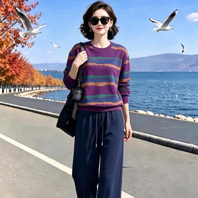 素雅订制女装原创品牌秋季新款时尚印花卫衣搭松紧腰休闲裤两件套