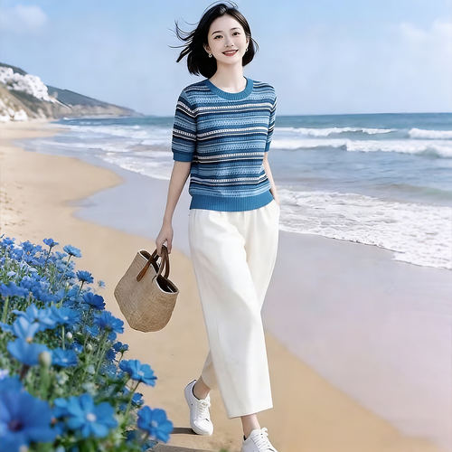 素雅订制女装原创品牌2026夏季新款条纹针织衫米白色九分裤两件套