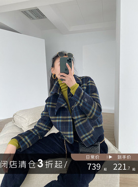 【清仓】复古收腰短款毛呢外套格纹立领双面羊绒大衣