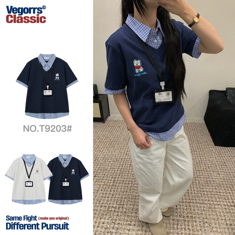 vegorrs原创潮牌男装 假两件格子短袖女学院t恤内搭t9203