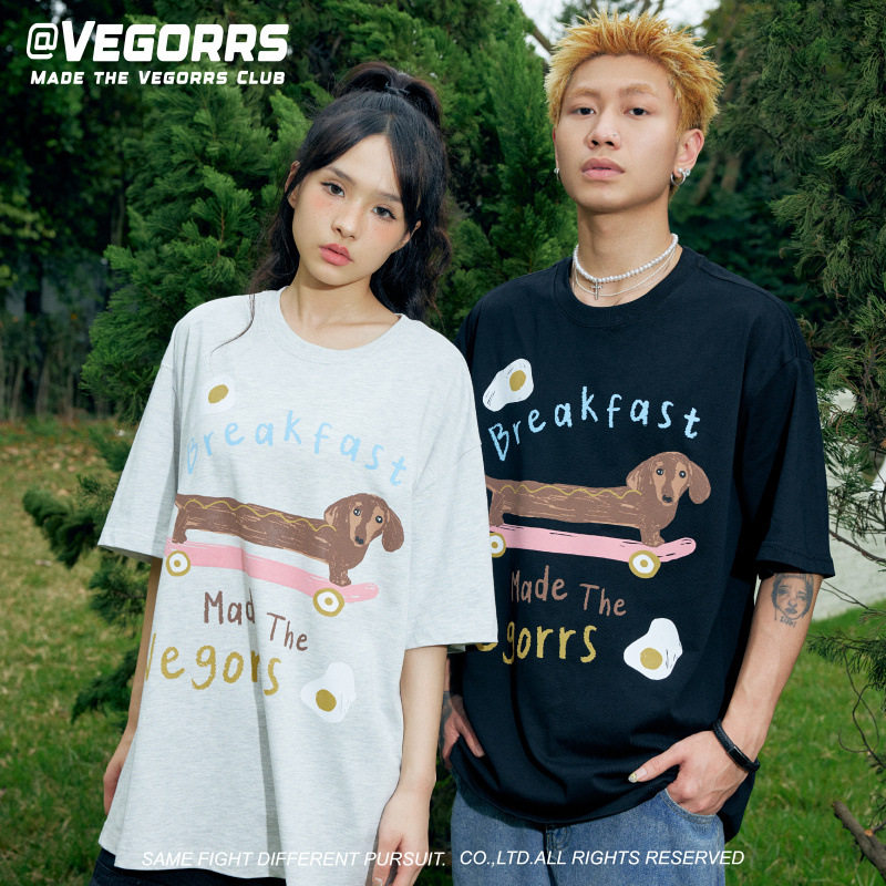 VEGORRS原创潮牌短袖男女同款T恤纯棉重磅宽松卡通夏季男装新款