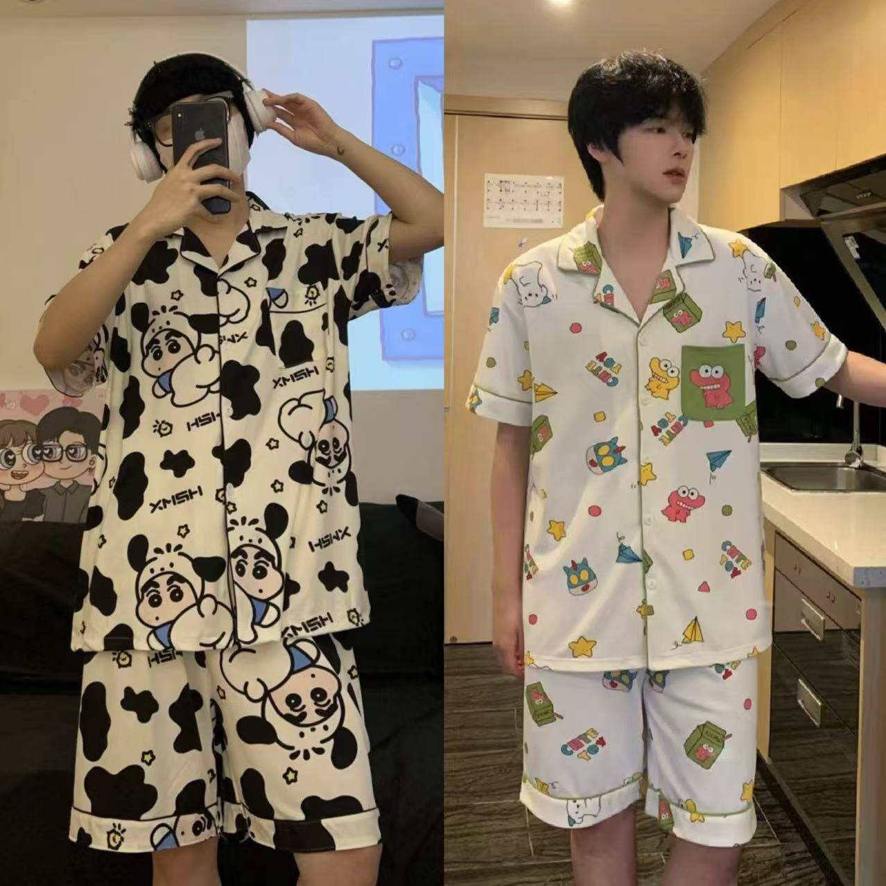睡衣男士夏季短袖短裤卡通青少年休闲夏天薄款外穿家居服学生套装