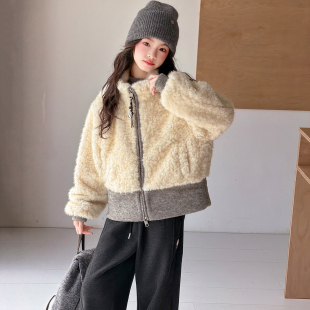 女童羊羔毛外套秋冬款2026新款韩版洋气中大童立领短款加厚毛毛衣