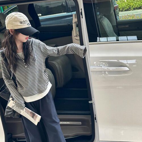女童连帽卫衣春秋假两件条纹上衣