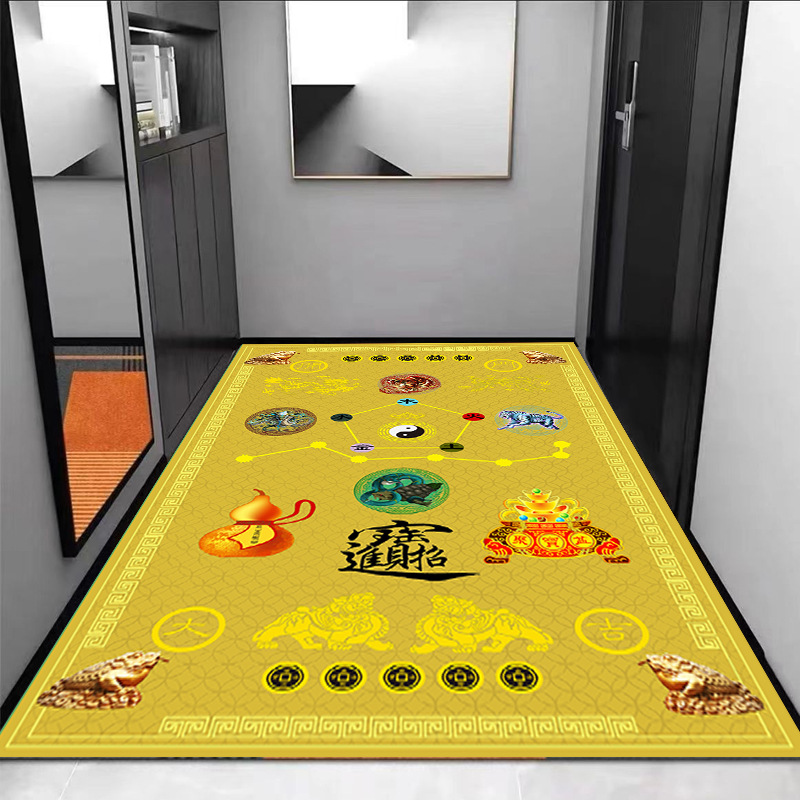 五帝钱七星地垫聚宝盆土黄色入户门九运八卦图案过门垫绿蓝红脚垫