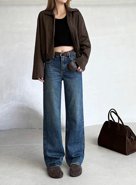 12平方87101复古蓝高腰窄版阔腿牛仔裤女小个子显瘦显高直筒长裤