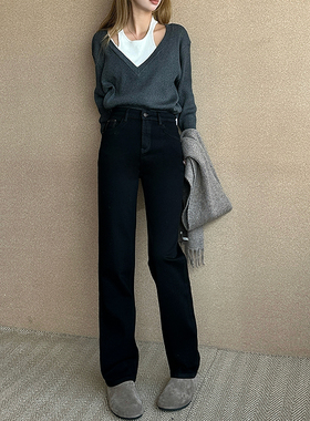 12平方83160米白德绒巨直筒牛仔裤女2024冬季加绒显瘦显高直筒裤