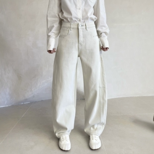 十二平方底抓绒立体剪裁四面弹弯刀牛仔裤女高腰宽松显瘦显高阔腿