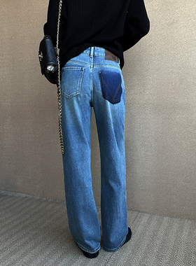 12平方83115BV极简线条经典调性植绒直筒牛仔裤女冬季加绒阔腿裤