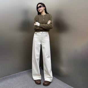 炫吾79602米白色加绒阔腿牛仔裤女2025秋冬弹力显瘦植绒直筒长裤