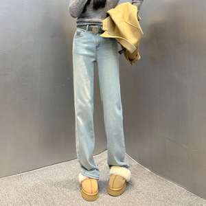 炫吾75158z高订织绒窄版直筒阔腿裤女2023冬季新款加绒加厚牛仔裤