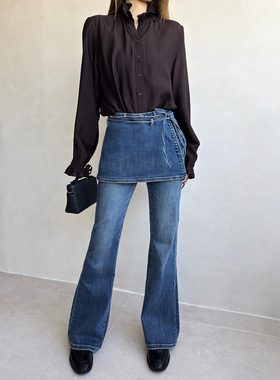 2026早春新品设计师款皮帘微喇裤牛仔裤女修身显瘦假两件喇叭裤子