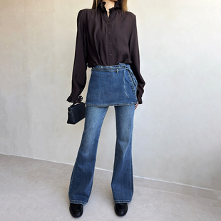 设计师款 显瘦假两件喇叭裤 皮帘微喇裤 女修身 子 牛仔裤 2026早春新品