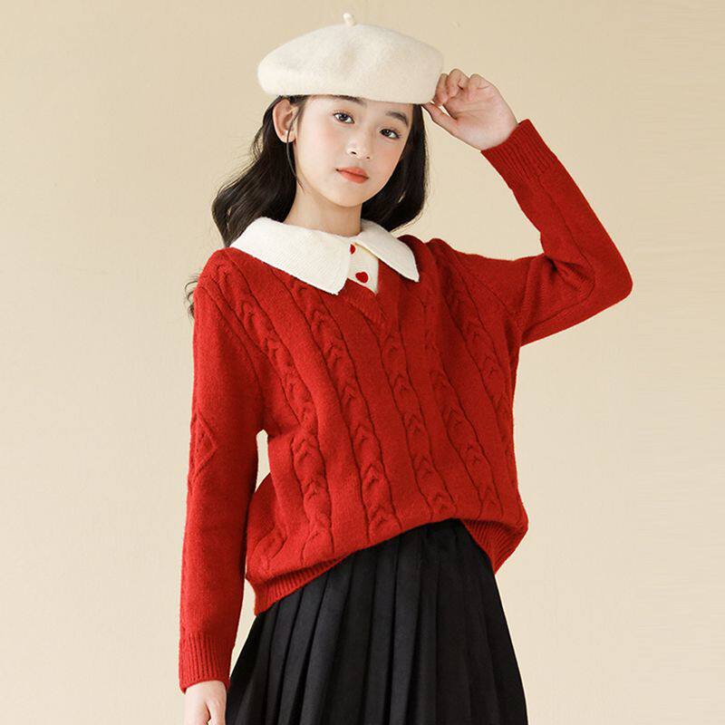 媛媛公主童装女童红色毛衣2026冬季新款撞色上衣儿童假两件针织衫