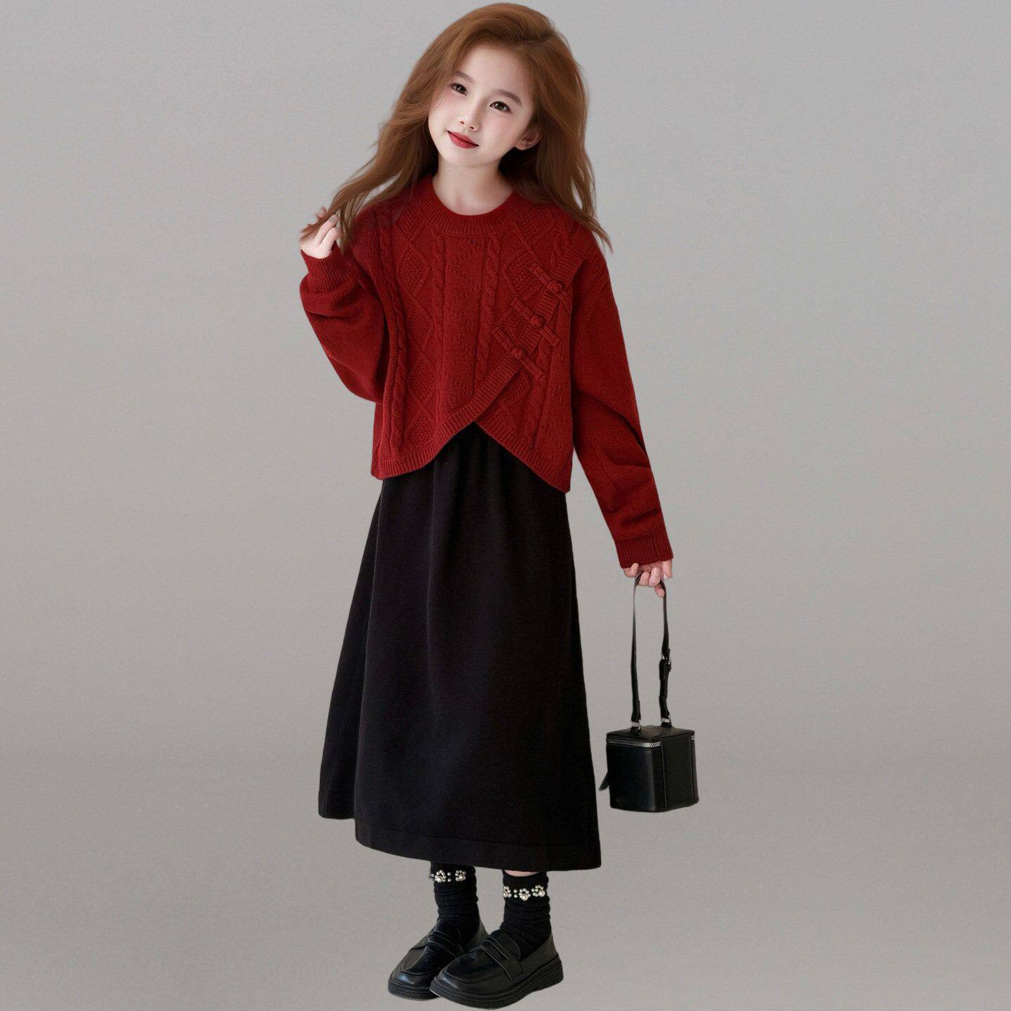 女童秋冬款新年红色加厚毛衣半身裙套装中大童洋气儿童冬装裙子潮