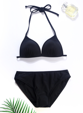 新款泳衣女性感黑色小胸聚拢三点式模特显腿长服表艺考比基尼泳装