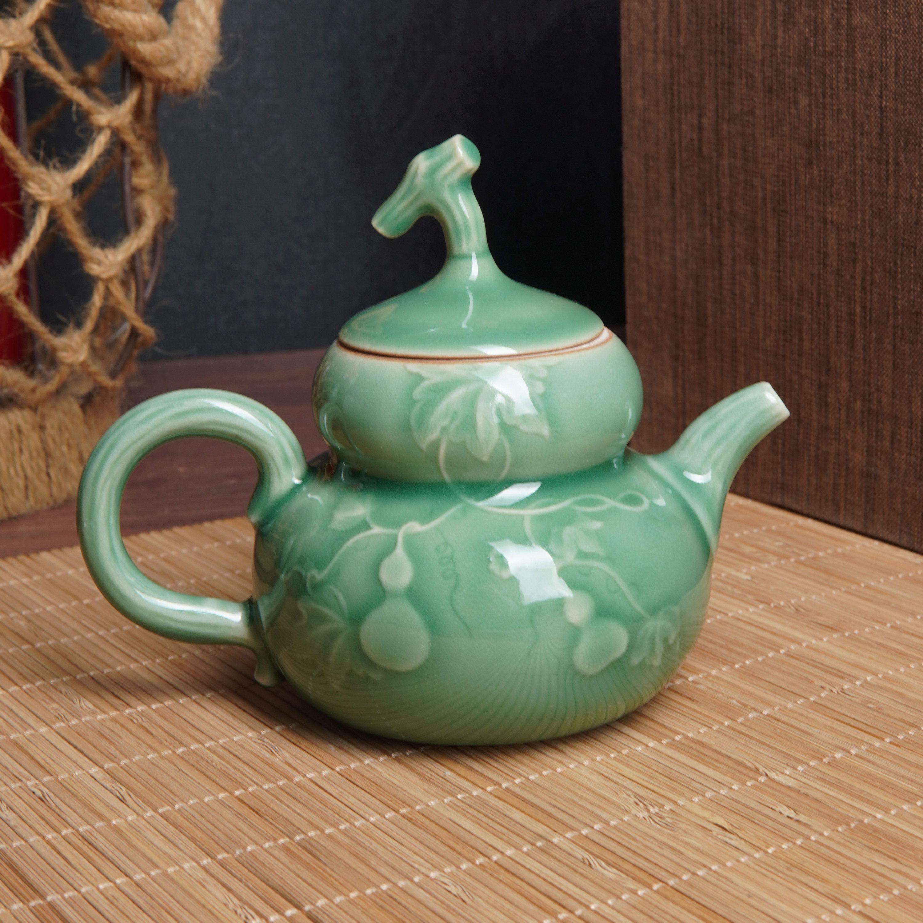 龙泉云间青瓷张华汉釉下福禄单壶陶瓷中式复古梅子青手工葫芦茶壶,餐饮具,茶壶,淘宝优惠券,粉丝福利购,淘宝优惠卷