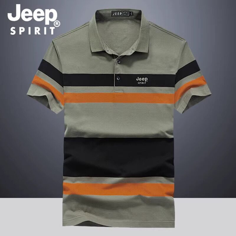 JEEP短袖POLO衫男士夏季薄款宽松拼色2023时尚条纹翻领T恤男装