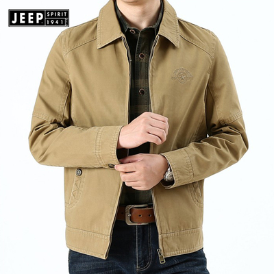 JEEP外套男商务休闲秋冬中年爸爸夹克纯棉翻领男装官方正品