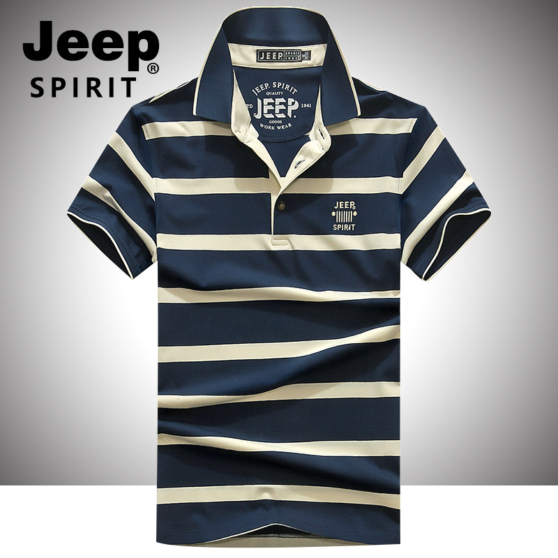 jeep短袖T恤男夏季薄款男士条纹翻领POLO衫棉质宽松大码男装休闲