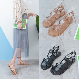 学生百搭平底网红交叉绑带沙滩鞋 罗马凉鞋 女仙女风ins潮2020新款