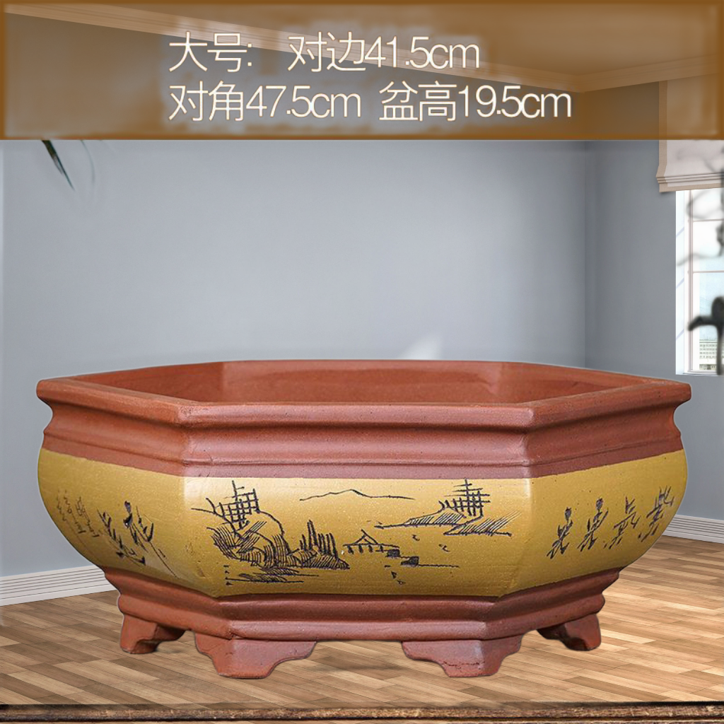 紫砂室内花盆六角盆景盆剑兰吊兰复古绿植情人节新款透气方盆原装