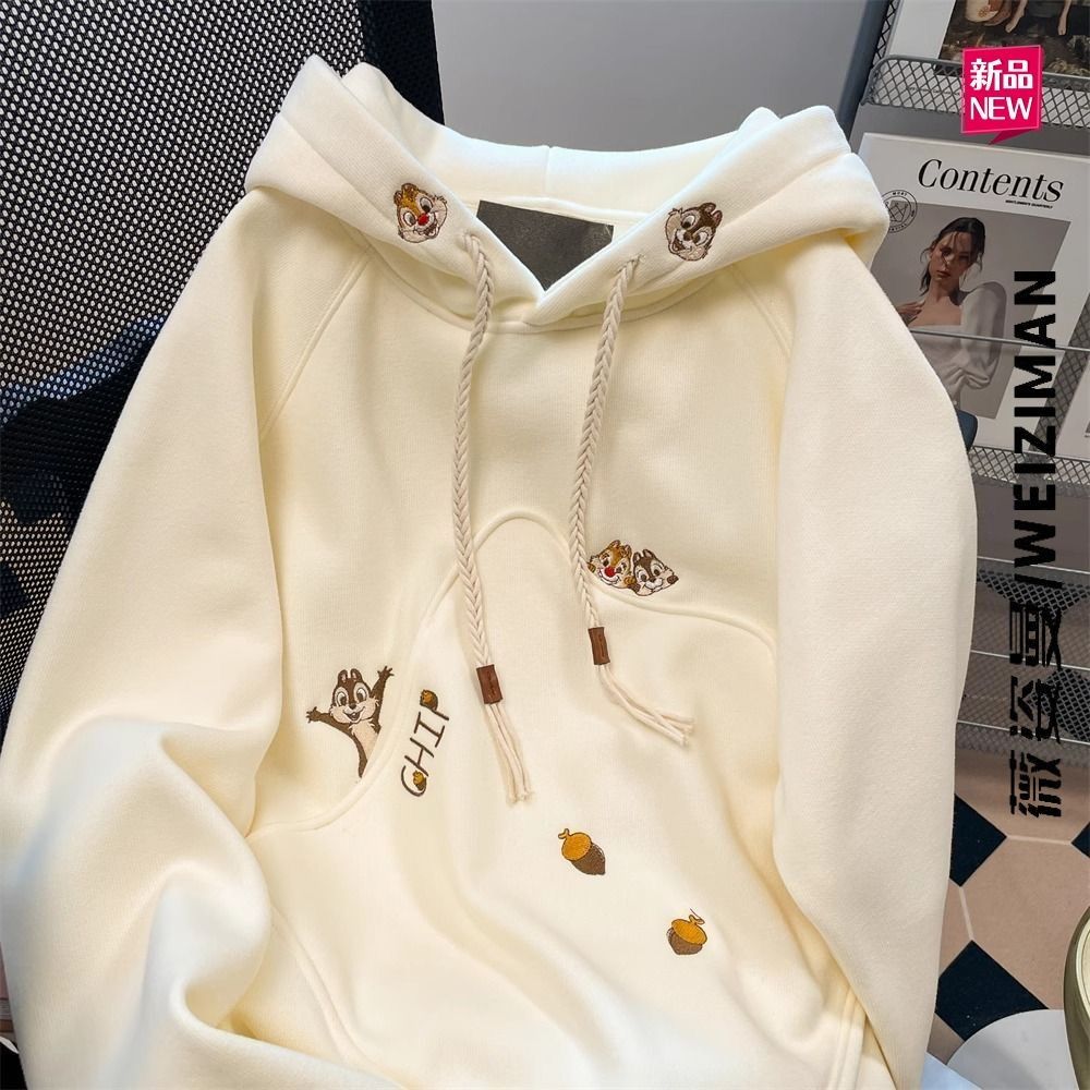 可爱刺绣小松鼠连帽卫衣女外套2025秋冬加绒加厚新款甜美宽松上衣