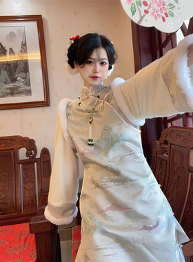十里七巷 山水倦民国风假两件全开襟保暖中式旗袍