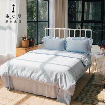 断码清货淑女屋床上用品素色绣花荷叶边纯棉贡缎四件套床单款