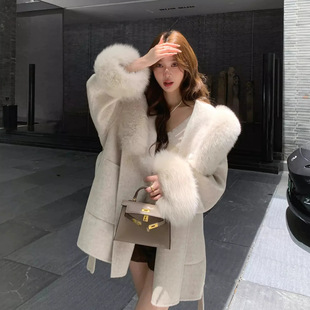 超大狐狸毛大毛领双面羊绒大衣女2026冬季新款连帽皮草羊毛呢外套