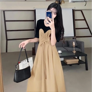 高级感假两件连衣裙女2025夏季 裙子 新款 拼接圆领高腰显瘦撞色短袖