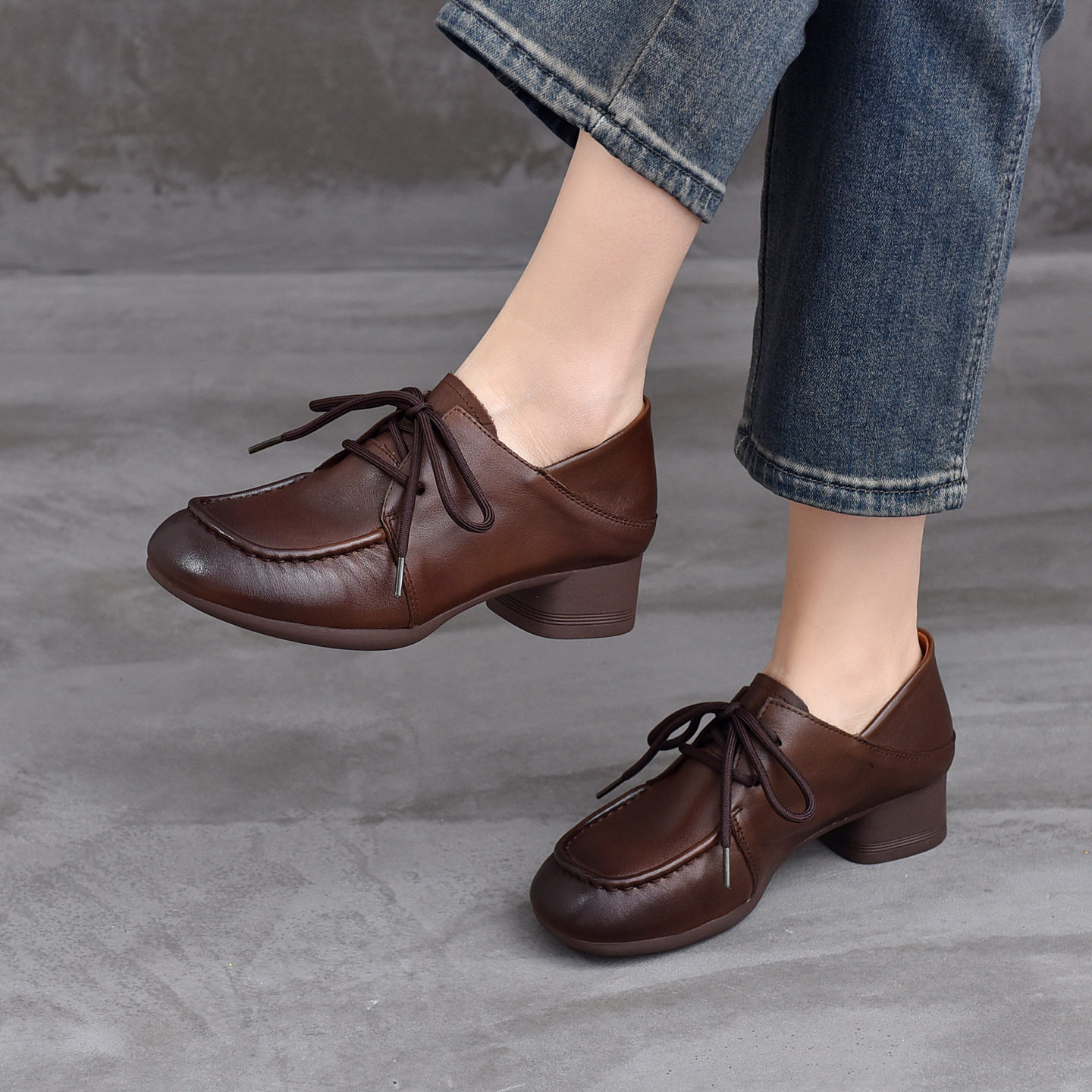 2026春秋新款真皮单鞋女复古头层牛皮软皮系带增高休闲手工鞋,女鞋,浅口单鞋,淘宝优惠券,粉丝福利购,淘宝优惠卷