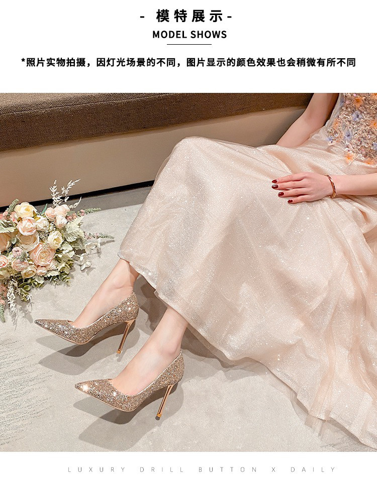宴会夜场新款主婚纱单鞋亮片水晶鞋香槟色细跟婚鞋尖头高跟鞋女鞋