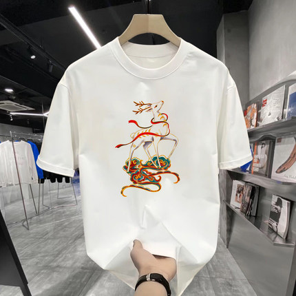 敦煌元素t恤男中国神话九色鹿短袖联名周边藏族服装传统文化衣服